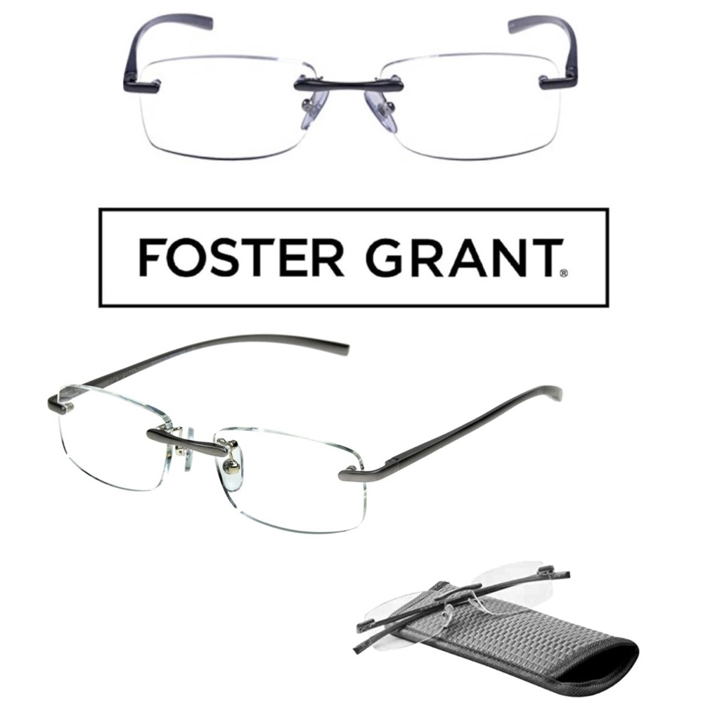Foster Grant Tech AL 12 Readers Rimless Gunmetal Reading Glasses